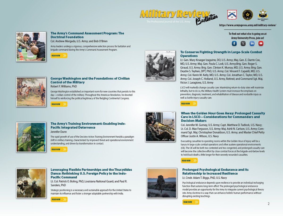ArmyUniversity's tweet image. The Military Review Bulletin is just the beginning – the July – August Military Review is now LIVE!
Check out these titles and others: armyupress.army.mil/Journals/Milit…
#EducatetoWin #StewardtheProfession