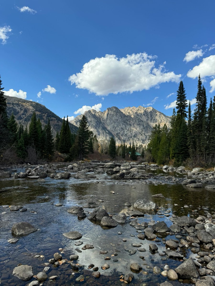 Scenic View of Grand Teton Mountains and Stream.