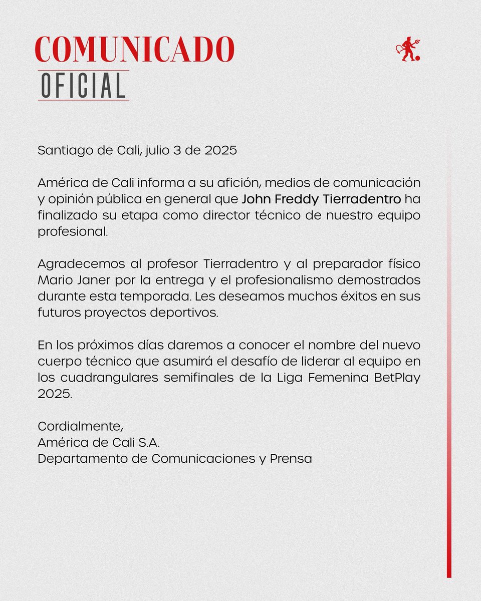 📄 Comunicado oficial | Cuerpo técnico América Femenino