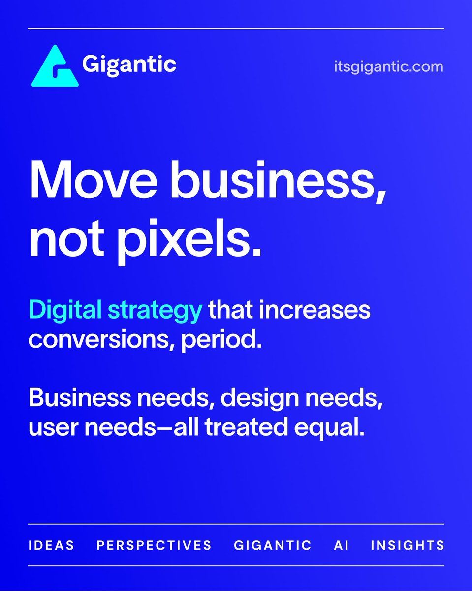 hellogigantic's tweet photo. Part 4 of 5 reasons in 5 days to partner with Gigantic:

Look good to your boss. We're thinking strategically about your business, beyond moving pixels. Our empathic design principles, meaning the business needs, design needs, and user needs are all considered equally.
#Design https://t.co/lTBN4M4JgQ