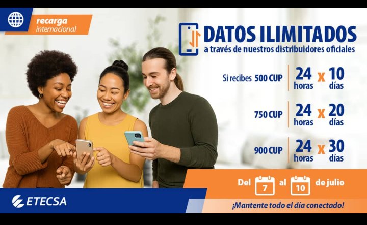 Si recibes una recarga desde nuestros distribuidores internacionales, del 7 al 10, obtienes datos ilimitados las 24 horas durante 10, 20 o 30 días, según el monto recargado. 📲
Entérate de todo en etecsa.cu 🔗
#RecargaInternacional