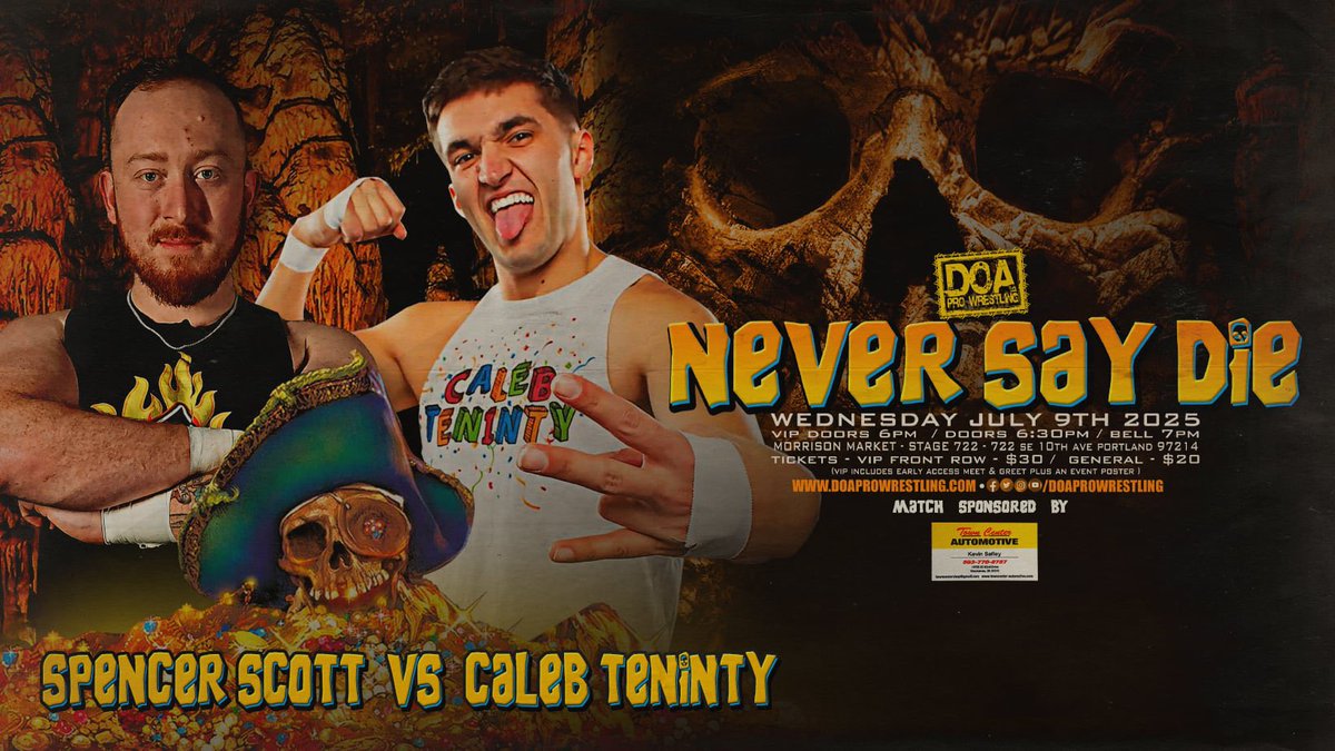 The Flamin’ Aces will be in singles action next Wednesday!

Zaye Perez takes on one half of the Bulletproof Kings, Sid Sylum!

Spencer Scott clashes with his longtime Caleb Teninty!

🪨Never Say Die
🗓️Wednesday, July 9th
📍Morrison Market - Stage 722

🎟️doaprowrestling.com