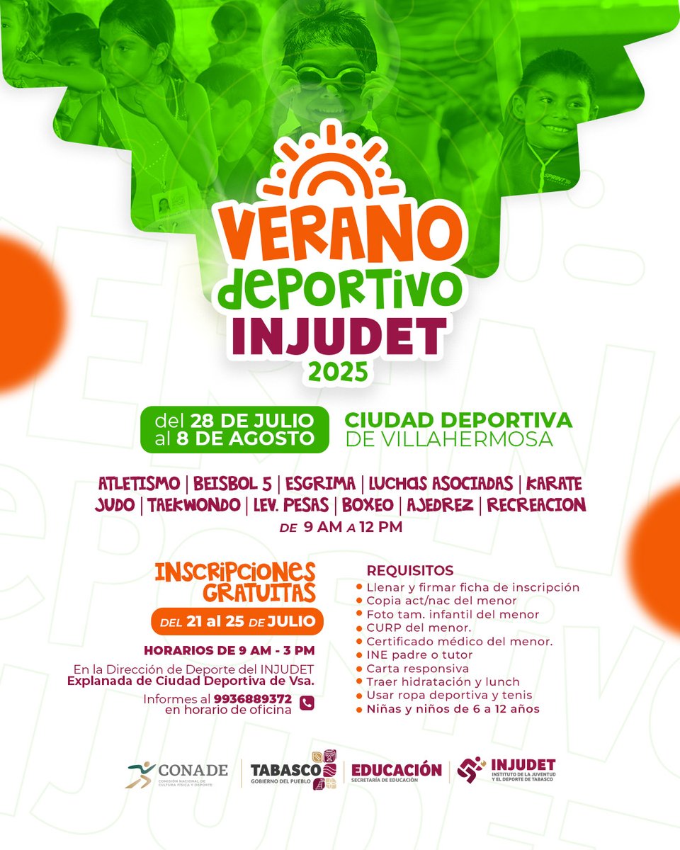 ¡Ya llega el Verano Deportivo INJUDET 2025! ☀️🧒🏾👧🏾🎒 Del 28 de julio al 8 de agosto recibiremos a las juventudes de 6 a 12 años que deseen participar en nuestras actividades de este increíble verano deportivo, totalmente gratuito. ¡No te lo pierdas! <a href="/Gobdetabasco/">GOBIERNO DE TABASCO</a> <a href="/TVTenlinea/">Televisión Tabasqueña</a>