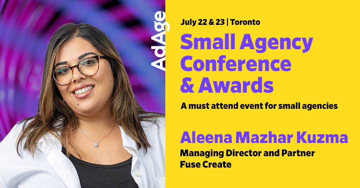 The <a href="/adage/">Ad Age</a> Small Agency Conference &amp; Awards heads to Toronto this month to help small agencies think bigger, move smarter and stay independent. 👊   

Our very own Aleena Mazhar Kuzma is a speaker at this event, plus we're shortlisted at the awards ceremony 🤞 Let's go!!
