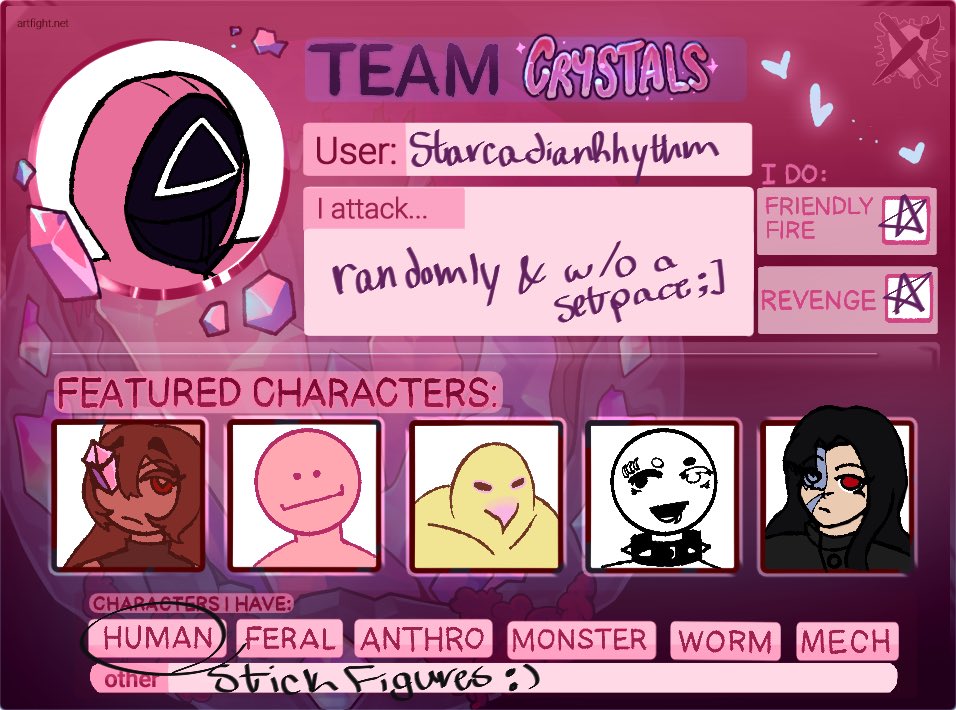 hi guys I forgot to mention toon but I am on artfight again fhis year :] (ignore the squid game guard I didn’t wanna draw my sona)

artfight.net/~StarcadianRhy…