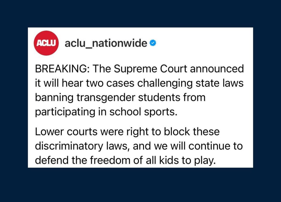 How far the <a href="/ACLU/">ACLU</a> has fallen.

Allowing men to steal women’s opportunities is what is discriminatory. 

All kids can play. In the right sex based category!