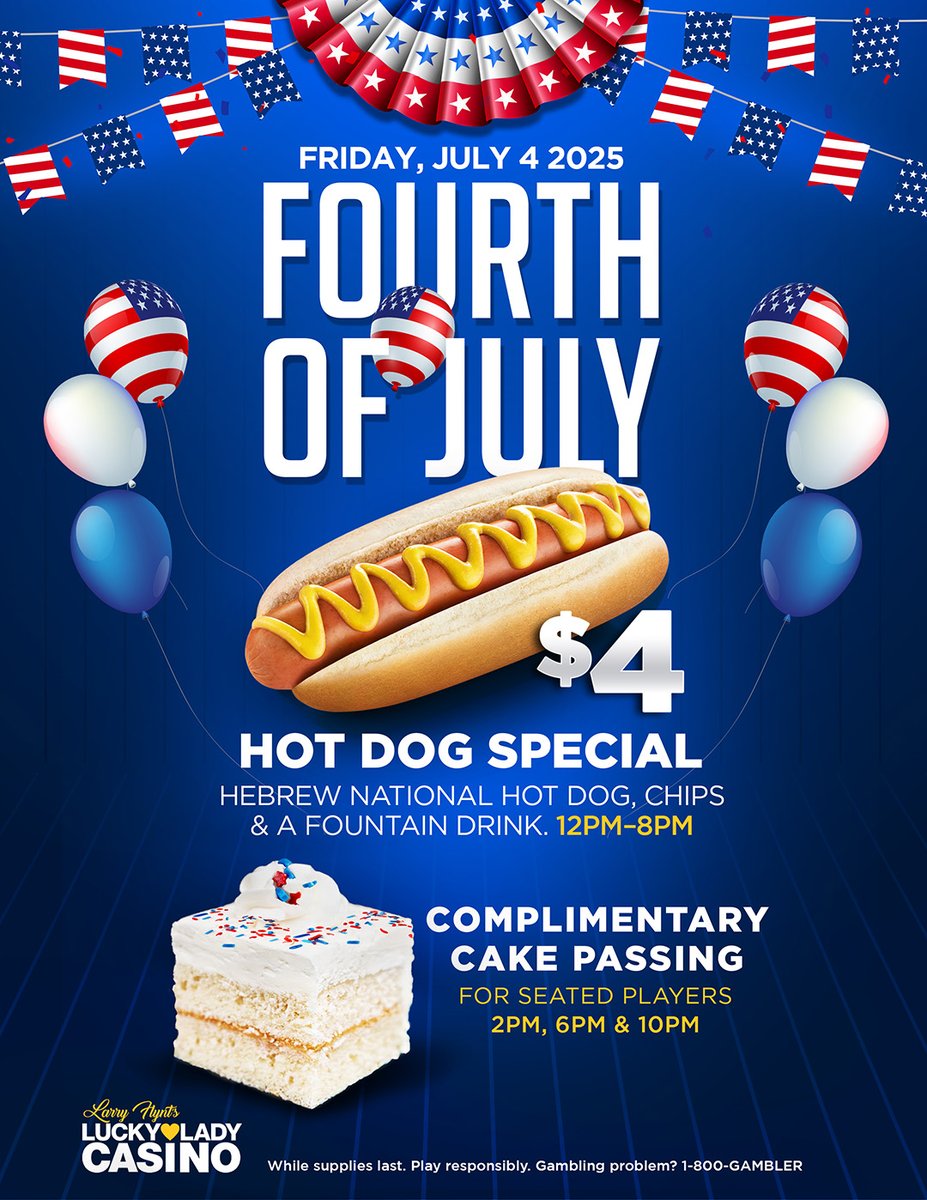 🇺🇸Celebrate Independence with Lucky Lady Casino! 🎆Tomorrow, we'll be having a Hot Dog Special for $4 from 12PM-8PM! Seated players will also receive complimentary cake at 2PM, 6PM &amp; 10PM! 

Don't miss out! 

#lfluckylady #luckylady #casino #fourthofjuly #celebration #poker