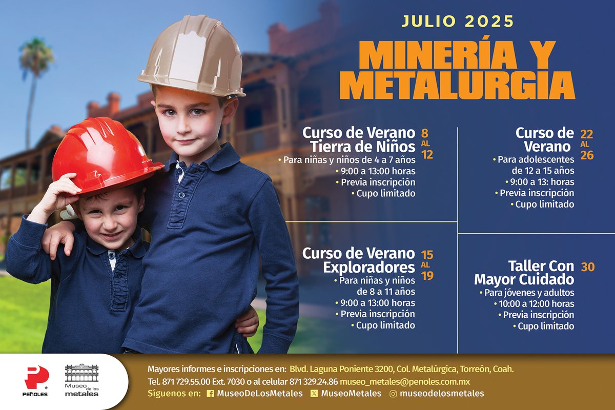 ¡Julio en el Museo de los Metales! 🔥⚒️

Acompáñanos en este mes de la minería y la metalurgia, con nuestra cartelera de actividades. 
¡Asegura tu lugar!

#MuseoDeLosMetales #Minería #Metalurgia #CursosDeVerano #Talleres #CulturaYEducación
