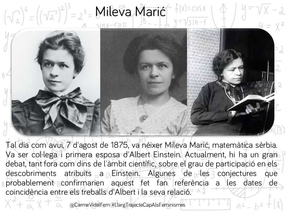 CarmeVidalFem's tweet photo. #taldiacomavui, 7 d'agost de 1875, va néixer Mileva Marić, matemàtica sèrbia. Va ser col·lega i primera esposa d'Albert Einstein. Hi ha un gran debat sobre el grau de participació en els descobriments atribuïts a Einstein #capdonaenoblit #efectematilda #efectomatilda 🇷🇸🧮➗➖🟰➕ https://t.co/TpjLJE4qFW