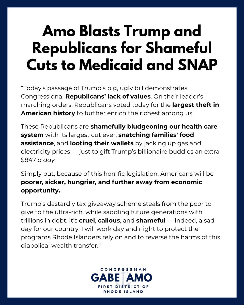 My statement on Trump and Republicans shameful cuts to Medicaid and SNAP ⤵️