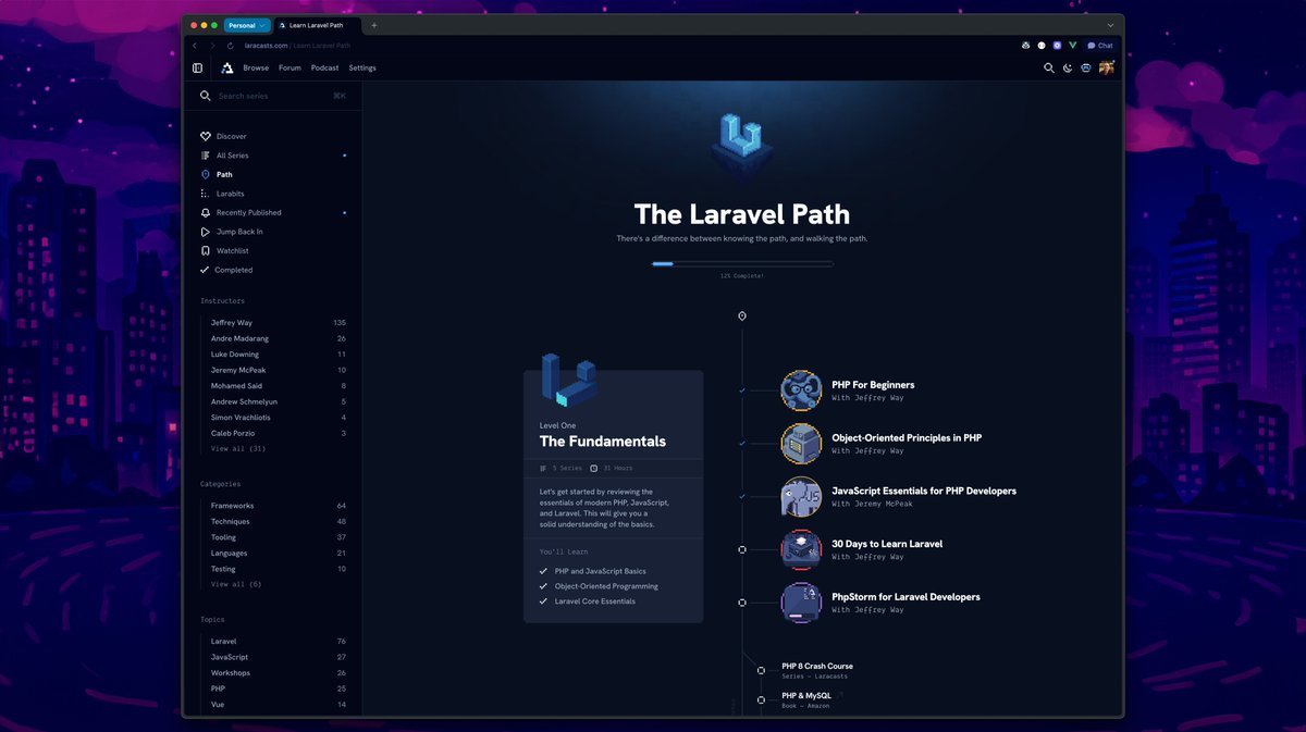 We applied a fresh coat of paint to the Laracasts Path section this week. 👾

I also adjusted the recommended path course list, itself. 

laracasts.com/path