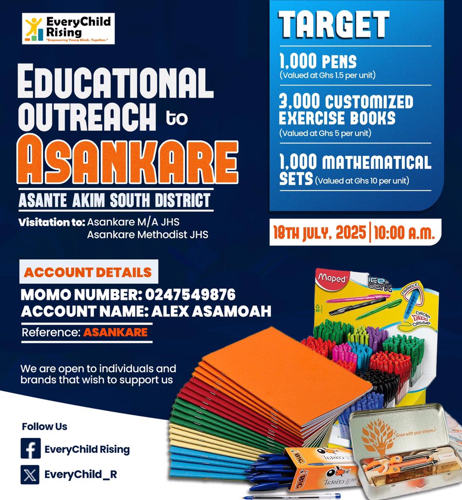 EveryChild_R's tweet image. “Education is a right, not a privilege. 📚 Join us as we kick off our outreach to support students in underserved communities. #EducationForAll #SupportLearning”
Account details: 
Momo number - 0247549876
Acc. Name - Alex Asamoah
Ref. - Asankare