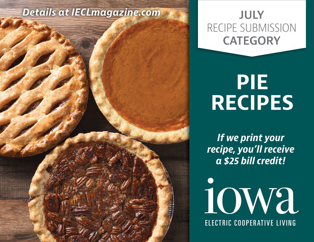 Iowa Electric Co-ops (@iowarecs) on Twitter photo Let's talk desserts! Send your favorite pie recipes to <a href="/IECLmagazine/">Iowa Electric Cooperative Living</a> this month; if they publish your recipe in the November issue, you'll receive a $25 bill credit from your Iowa electric cooperative! Details at ieclmagazine.com/recipes/recipe… Let's talk desserts! Send your favorite pie recipes to <a href="/IECLmagazine/">Iowa Electric Cooperative Living</a> this month; if they publish your recipe in the November issue, you'll receive a $25 bill credit from your Iowa electric cooperative! Details at ieclmagazine.com/recipes/recipe…