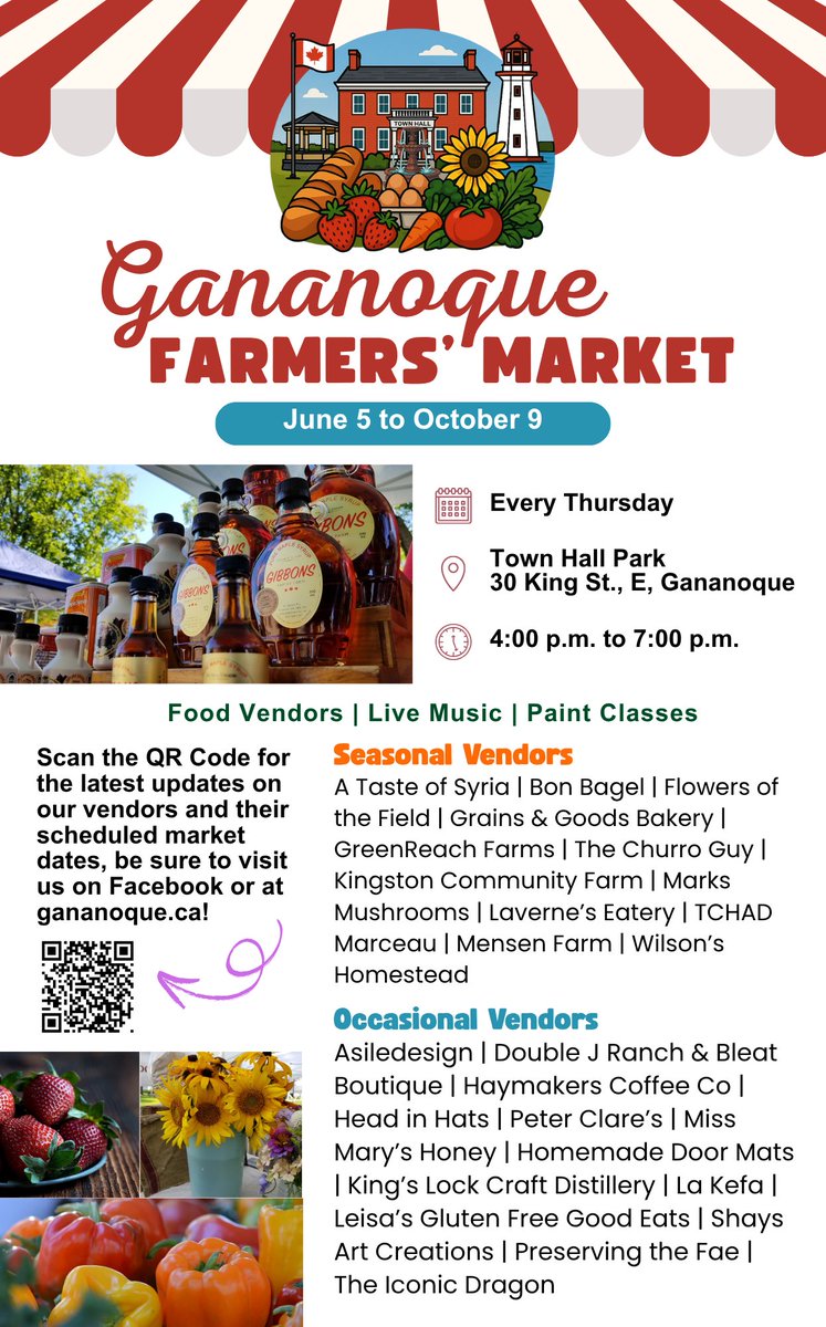 Gananoque Farmers’ Market | July 3

Join us today from 4:00 p.m. to 7:00 p.m. at Town Hall Square for painting by Debbi Burns Morrison Studio, chalk for kids, photo opportunity for your dogs and to check out our amazing Vendors.