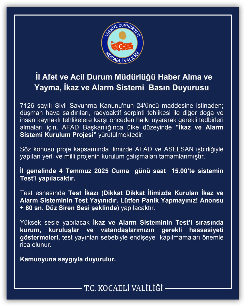 İl Afet ve Acil Durum Müdürlüğü Haber Alma ve Yayma, İkaz ve Alarm Sistemi Basın Duyurusu
⬇️
kocaeli.gov.tr/il-afet-ve-aci…