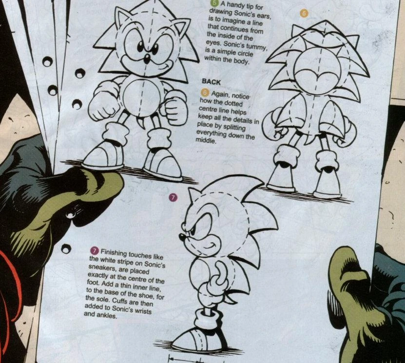 Instrutilus's tweet photo. @QKora01 There was a thing in Sonic the Comic long ago on how to draw Sonic: you use his eyes to map out his ears. Here's the actual image, though obviously it's more towards the Classic look, the ear thing actually does help. I also noted on an official how to draw how the spines go: https://t.co/stZ72TOohm
