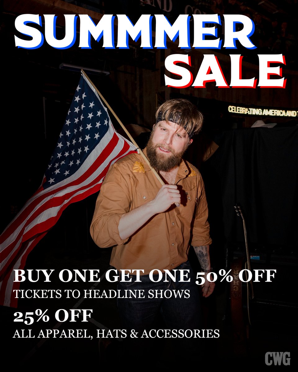 CharlesWesleyG's tweet image. Celebrating 4th of July with a big ol' summer sale! Starting tonight at midnight, if you buy one ticket to any of my headline shows in the US or Canada (except Red Rocks, sorry y’all), you'll get a second ticket at 50% off! AND we're doing 25% off all hats, apparel, and…