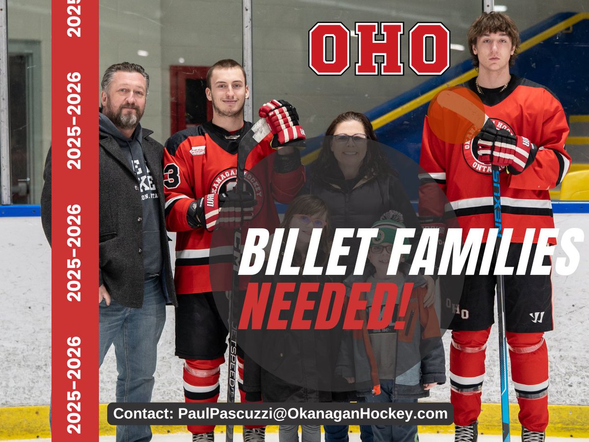 🏡 Open Your Home. Change a Life. 🏒

Okanagan Hockey Ontario is now looking for billet families for the 2025–2026 season!

Ready to make a difference?
📩 Reach out to General Manager Paul Pascuzzi to learn more: PaulPascuzzi@OkanaganHockey.com