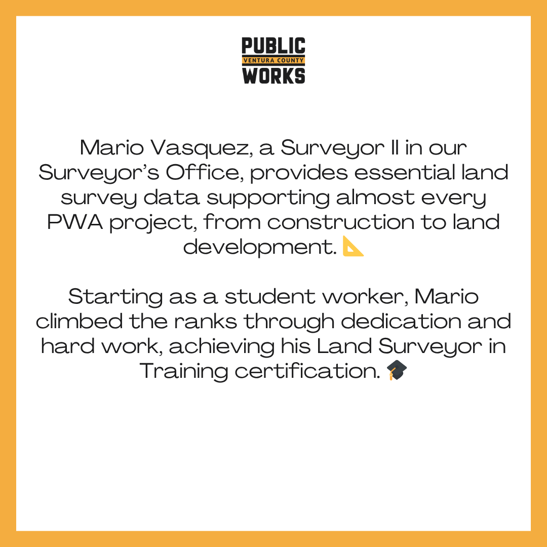 VCPublicWorks's tweet image. Mario Vasquez, a Surveyor II in our Surveyor’s Office, provides essential land survey data supporting almost every PWA project, from construction to land development. 📐