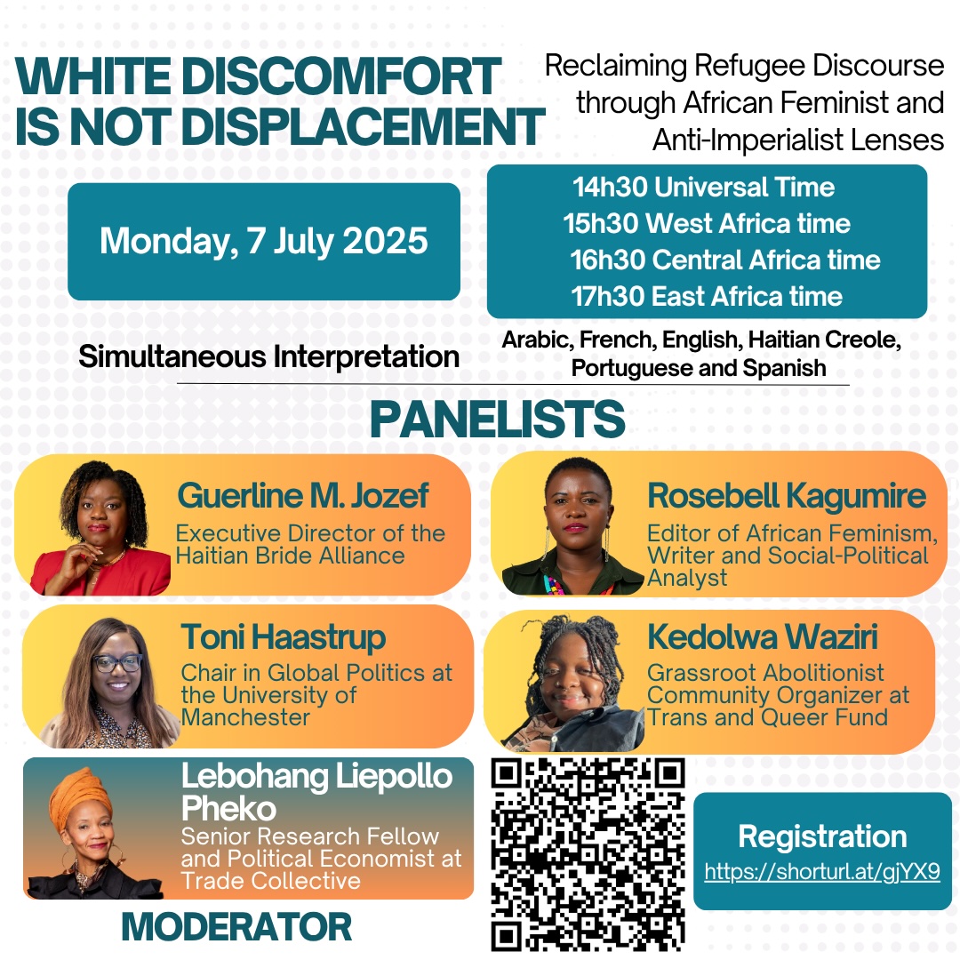 South Feminist Futures (@southfeministas) on Twitter photo 🗣️White discomfort is not displacement!
🌍 Join us on July 7 at 14h30 UTC to reclaim refugee discourse through African feminist & anti-imperialist lenses.
🔗 Register: shorturl.at/gjYX9
Brought to you in collaboration with <a href="/AfriFeminists/">AfricanFeminism (AF)</a> <a href="/TradeWarriors/">TradeCollective</a> <a href="/HaitianBridge/">HaitianBridge</a> 🗣️White discomfort is not displacement!
🌍 Join us on July 7 at 14h30 UTC to reclaim refugee discourse through African feminist & anti-imperialist lenses.
🔗 Register: shorturl.at/gjYX9
Brought to you in collaboration with <a href="/AfriFeminists/">AfricanFeminism (AF)</a> <a href="/TradeWarriors/">TradeCollective</a> <a href="/HaitianBridge/">HaitianBridge</a>