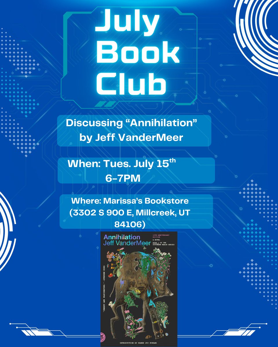 marissas_books's tweet image. A reminder that we have a Book Club meeting for July on Tuesday 7/15/25 from 6-7PM! We'll be discussing "Annihilation" by Jeff VanderMeer. We hope to see you there!
#independentbookstore #independentbookstores #independentbookshop #independentbookshops #bookclubs #local #Utah