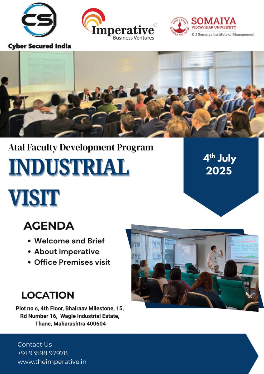 Imperative024's tweet image. Educators in Action 🧠⚙️ | #FDP2025
On July 4, Somaiya faculty go beyond the classroom — into the cyber frontline at Imperative Business Ventures, Thane.
Real ops. Real insights. Real impact.
Hosted by Cyber Secured India.
#CybersecurityIndia #ATALAcademy #FacultyDevelopment