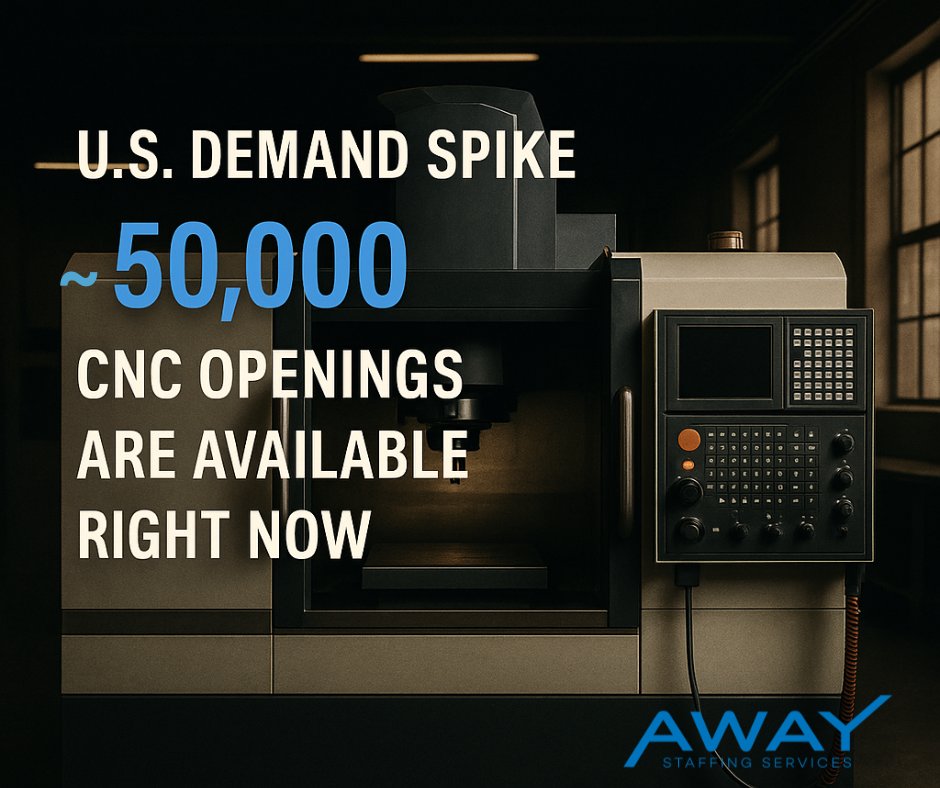 AwayStaffing's tweet photo. 50k CNC jobs sit open, idling spindles &amp; profits. Away Staffing has vetted mill/lathe ops &amp; multi-axis programmers (Haas, Mazak, Okuma) ready for day-1 impact. Need talent or chasing a better CNC role? Call today. #CNC #cncmachine #cncmachining #manufacturing #USA #NEWS https://t.co/hHnDwKlUkA