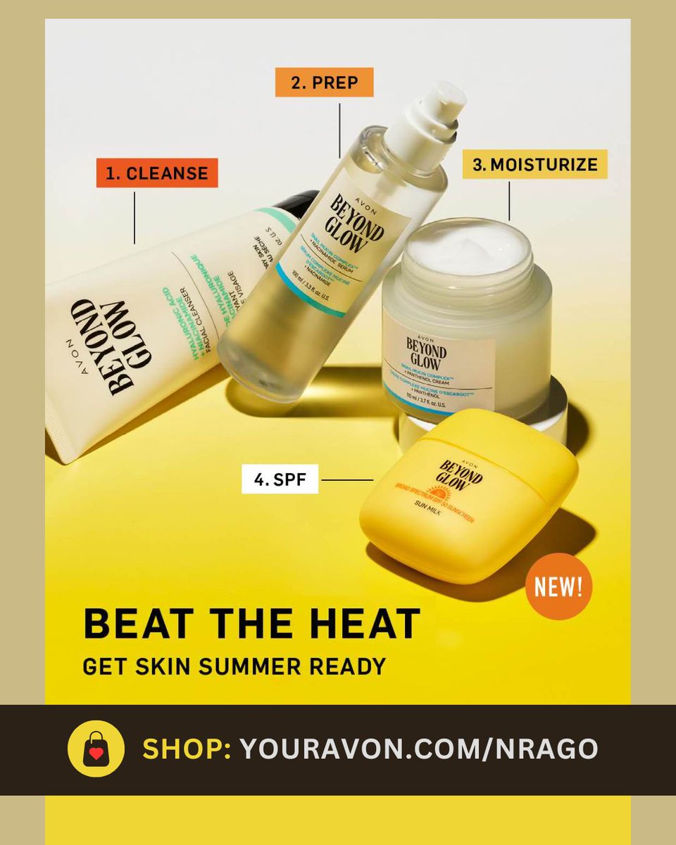 AvonLadyNJ's tweet image. Ready to glow up your GRWM?✨ Hydrate, smooth &amp;amp; protect with Beyond Glow—formulated with skin-loving ingredients like Hyaluronic Acid, Snail Mucin &amp;amp; Niacinamide. Summer skin, leveled up! 💦🧴 bit.ly/3yc2yVF

#GlowUpRoutine #BeyondGlow