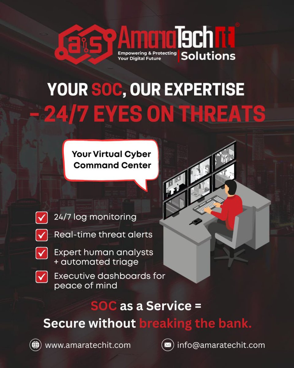 amaratechit's tweet photo. 🔒 YOUR SOC, OUR EXPERTISE
Your 24/7 cyber command center—watching when you can’t.
👁️ Real-time threat alerts
🤖 Automated triage + 👨‍💻expert analysts
📊 Exec dashboards = peace of mind

SOC as a Service—Big security, smart price.
🌐 https://t.co/gTJrPcu8j6

#SOCaaS #CyberSecurity https://t.co/Z9iL51Q5WE