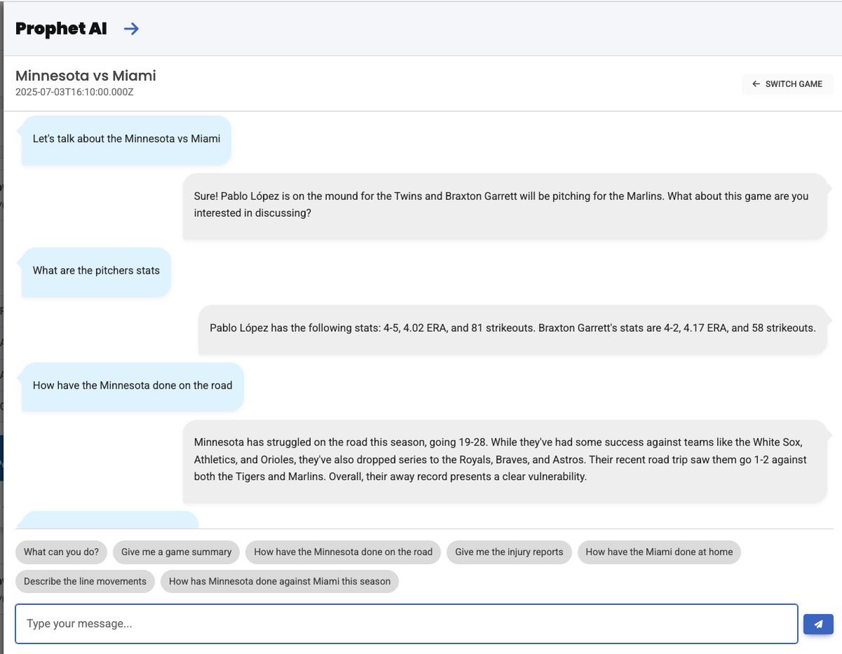LineProphetLLC's tweet image. What do yall think of the #ProphetAI chat for the Twins vs. Marlins game this morning?

ProphetAI is changing the game when it comes to LineProphet.com model analysis and member insights.

Join for 50% off with code &quot;PLAYOFFS&quot; at LineProphet.com/packages