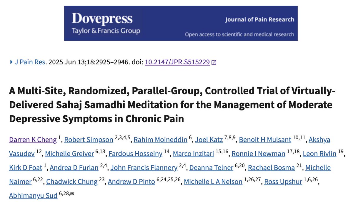 UofTFamilyMed's tweet photo. Virtually-delivered meditation can help manage depressive symptoms in people with chronic pain, suggests a new study in the Journal of Pain Research and funded by the @CIHR_IRSC. https://t.co/pfmwcALghN

@uoftmedicine @UofT @DovePress 1/2 https://t.co/kvtQ48qbcr