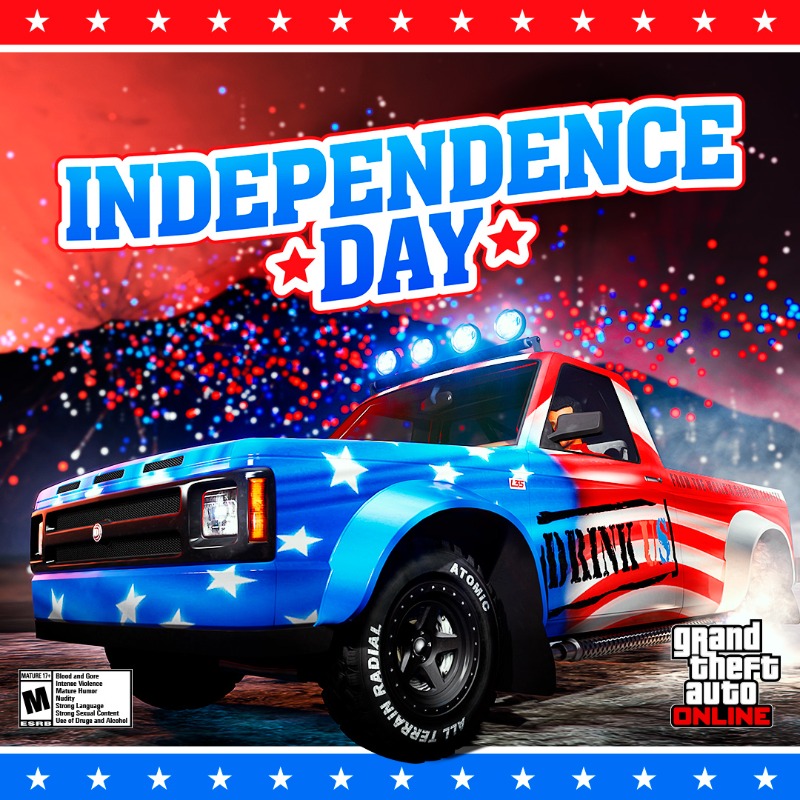 RockstarGames's tweet photo. Embrace freedom this Independence Day Weekend and earn 4X GTA$ and RP on Land Races.

Roll into the holiday weekend with savings on vehicles, properties, and more. Plus, play GTA Online anytime through July 9 to receive the Lady Liberty Bucket Hat.