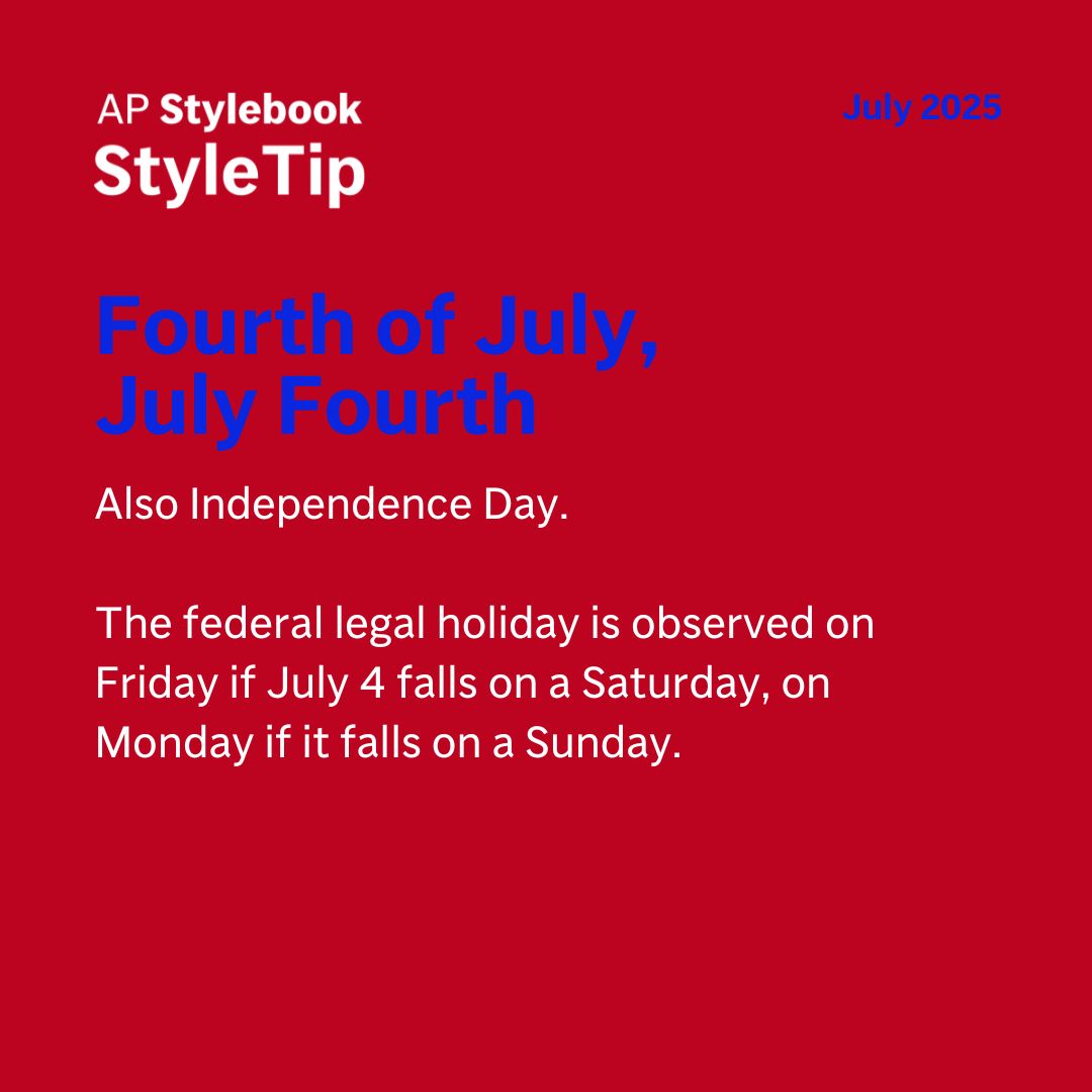 APStylebook's tweet image. Fourth of July, July Fourth and Independence Day are all acceptable for the upcoming holiday.
If you're already thinking about your long weekend plans for 2026 or 2027, the federal legal holiday is observed on Friday if July 4 falls on a Saturday, on Monday if it falls on a…