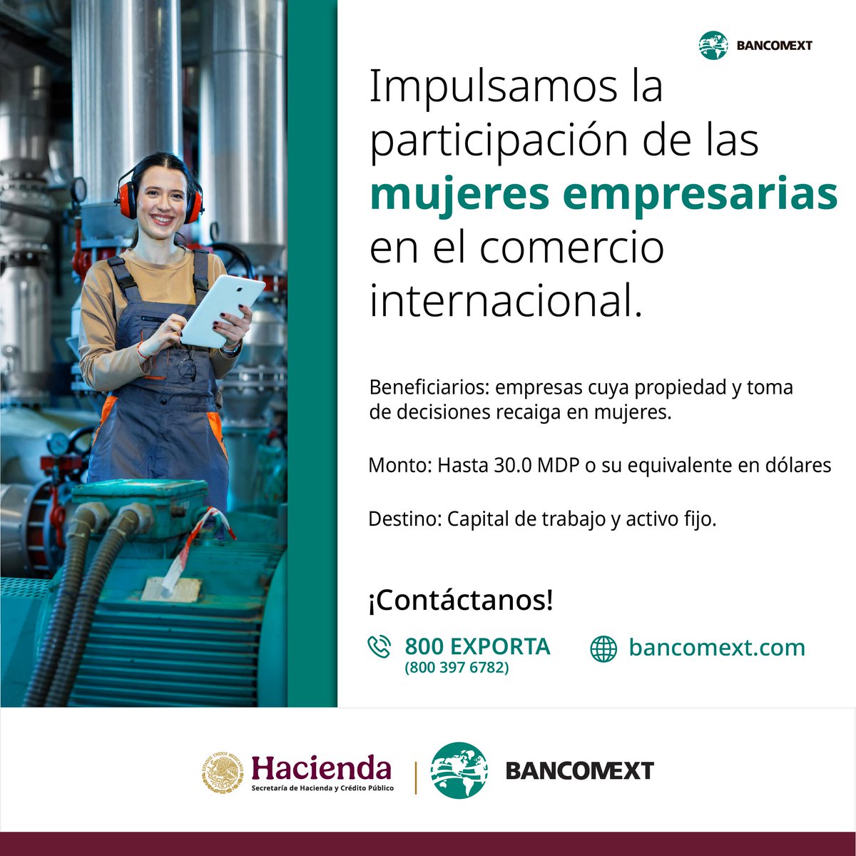Buscamos incrementar la participación de las mujeres empresarias en el #ComercioExterior. Por ello, creamos el programa financiero #MujerEsBancomext.
Conoce todos los detalles➡️ bit.ly/4g1OuiY