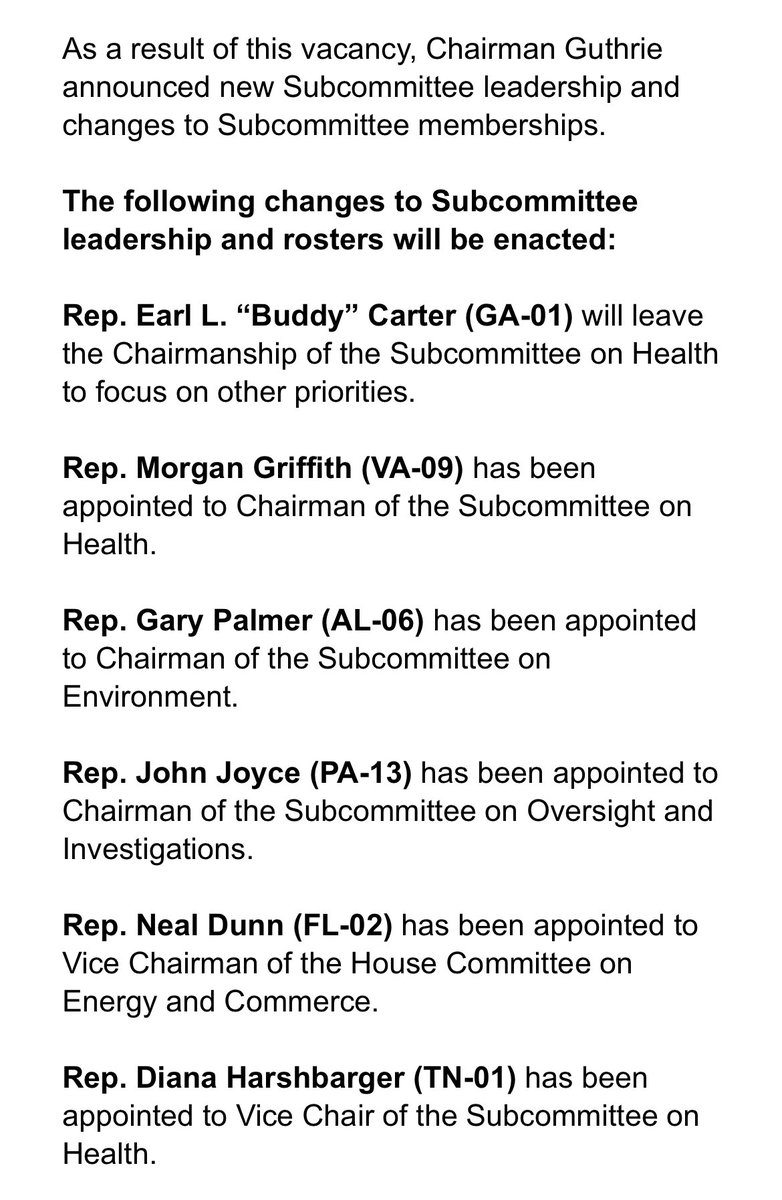victoriaregisk's tweet image. E&C Chairman Brett Guthrie makes it official:
Rep. Morgan Griffith is the new chair of the E&C health subcommittee.
Rep. Diana Harshbarger is going to be vice chair for health subcommittee.
Rep. Neal Dunn moves to vice chairman of the whole committee.