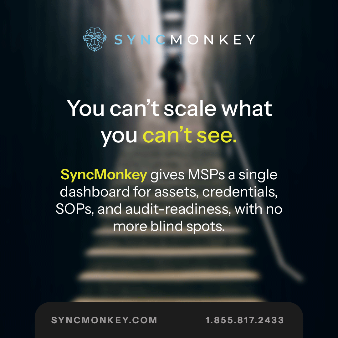 syncmonkey's tweet photo. Fragmented tools slow you down.

Smart MSPs run sharper with everything centralized in one hub.

SyncMonkey is your mission control:
✅ Audit-ready
✅ Real-time visibility
✅ Integrates with Syncro, Autotask, NinjaRMM &amp; more https://t.co/92DsRt0bd2