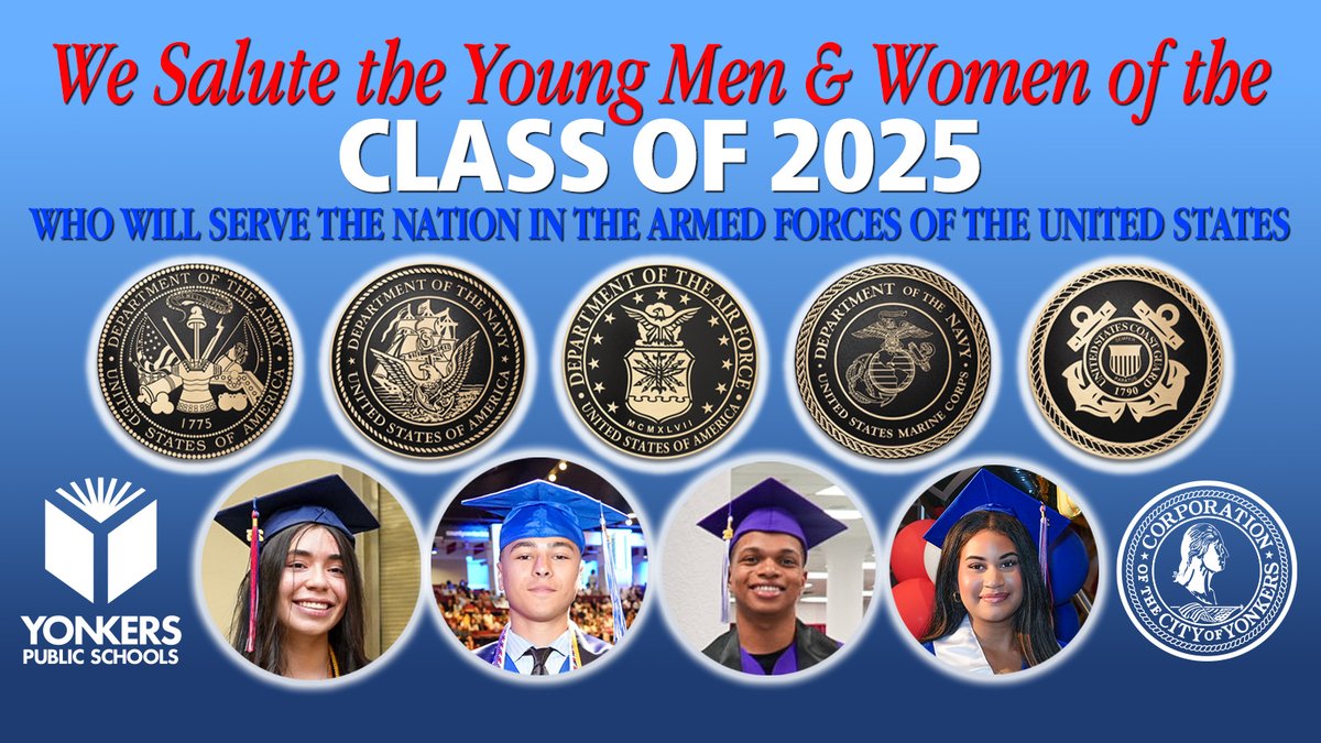 🎓From Cap and Gown to Service to our Nation
We salute the young men and women of the Class of 2025 who will serve the nation in the Armed Forces of the United States. Let us keep them and their families in our hearts. See more about these 41 young people: yonkerspublicschools.org/service