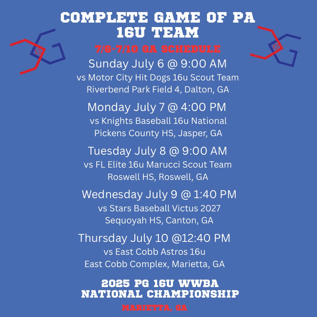 Complete Game of PA (@cgofpa) on Twitter photo Good Luck to the 16u team as they head to Marietta, GA this weekend for the <a href="/PerfectGameUSA/">Perfect Game USA</a> WWBA National Championship
Here is their schedule 👀 Good Luck to the 16u team as they head to Marietta, GA this weekend for the <a href="/PerfectGameUSA/">Perfect Game USA</a> WWBA National Championship
Here is their schedule 👀
