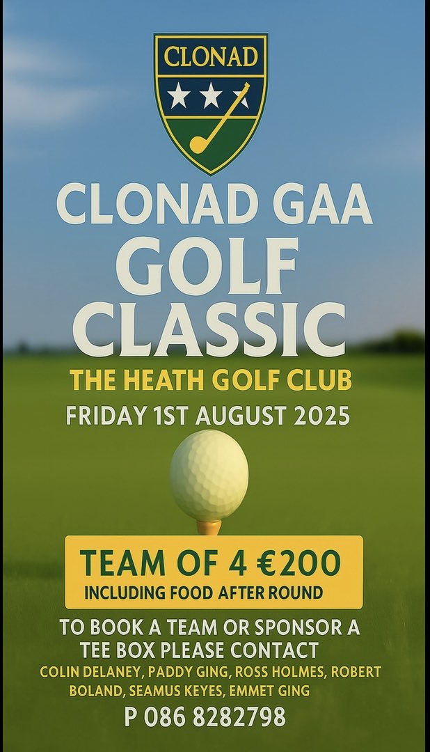 ⛳️ 🏌️‍♂️ 🏌️‍♀️ We are delighted to announce our inaugural golf classic to be hosted in <a href="/TheHeathGolfCl1/">The Heath Golf Club</a> on Friday August 1st

Timesheet now open and tee box sponsorship available. Contact any of the names below in relation to either.

<a href="/Express_Sport/">LeinsterExpressSport /Laois Live Sport</a> <a href="/LaoisToday/">Laois Today</a> <a href="/Laoisgaels/">Laois Gaels</a> <a href="/CLGLaois/">Laois GAA</a>