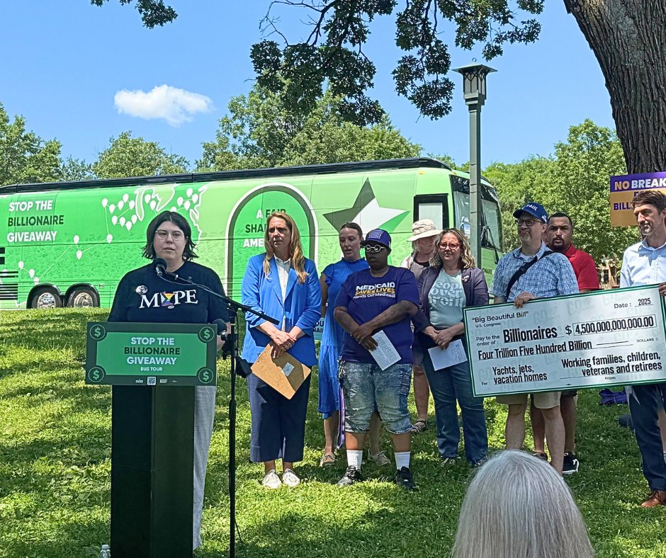 MAPEunion's tweet image. Region 1 Director Claudia Hochstein spoke at the Stop the Billionaire Giveaway event in Minneapolis and spoke about how the ultra-wealthy and giant corporations have rigged the tax code—at the expense of working families—and how their new budget bill would make things even worse.