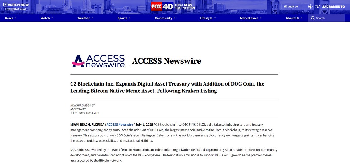 pawtbtc's tweet photo. 🚨JUST IN:  $DOG  appear in a press release on @FOX40, @FOX4 and @CBSNews

" @C2Blockchain Expands Digital Asset Treasury with Addition of DOG Coin, the Leading Bitcoin-Native Meme Asset, Following @krakenfx Listing" https://t.co/Gv3fIYdIep