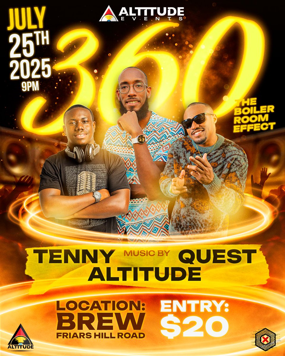 Altitude268's tweet image. Step inside the circle β welcome to 360!
Weβre flipping the script. DJs in the middle, crowd all around.
ποΈ Friday, July 25th
β° 9PM - until!
πΈ $20 gets you in the room
π Brew, Friars Hill Road
Entertainment by:
π§ DJ Quest | DJ Altitude | DJ Tenny