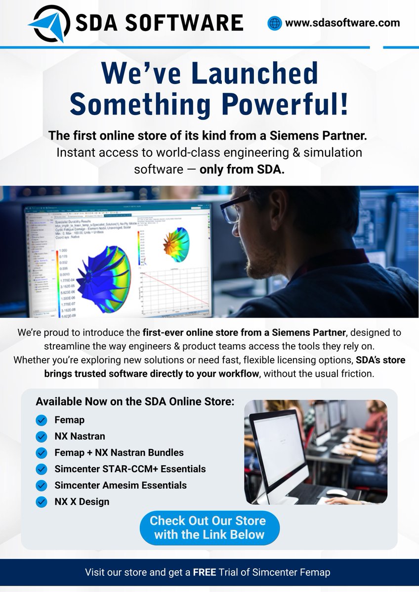 🚀 We've launched something powerful!
The first online store from a Siemens Partner is now live.
✅ CAE tools
✅ Free trials
✅ Instant access

🎁 Try Simcenter Femap FREE:
👉 store.sdasoftware.com/products/femap…

#engineering #simulation #FEMAP #SiemensPartner #SDAsoftware #STARCCM