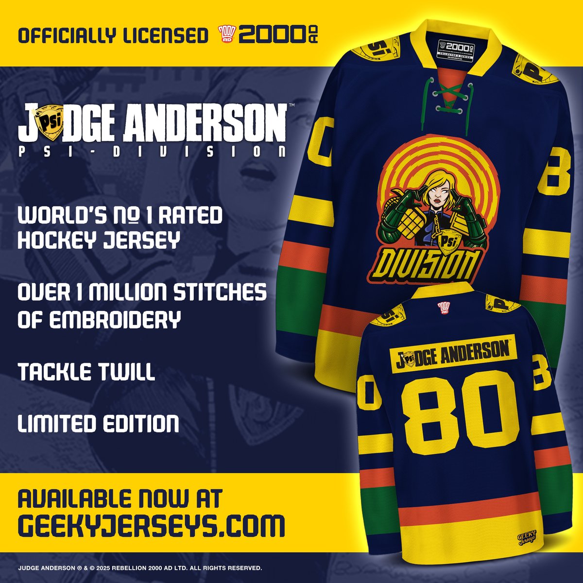 2000 AD Comics (@2000ad) on Twitter photo LIMITED EDITION!
Show your support for Psi-Div with this exclusive Judge Anderson hockey jersey from <a href="/GeekyJerseys/">GeekyJerseys</a>! Featuring handmade embroidery, this custom-cut jersey is just what you need to stay one step ahead of the game! 🏒 bit.ly/4n9tqL0 LIMITED EDITION!
Show your support for Psi-Div with this exclusive Judge Anderson hockey jersey from <a href="/GeekyJerseys/">GeekyJerseys</a>! Featuring handmade embroidery, this custom-cut jersey is just what you need to stay one step ahead of the game! 🏒 bit.ly/4n9tqL0