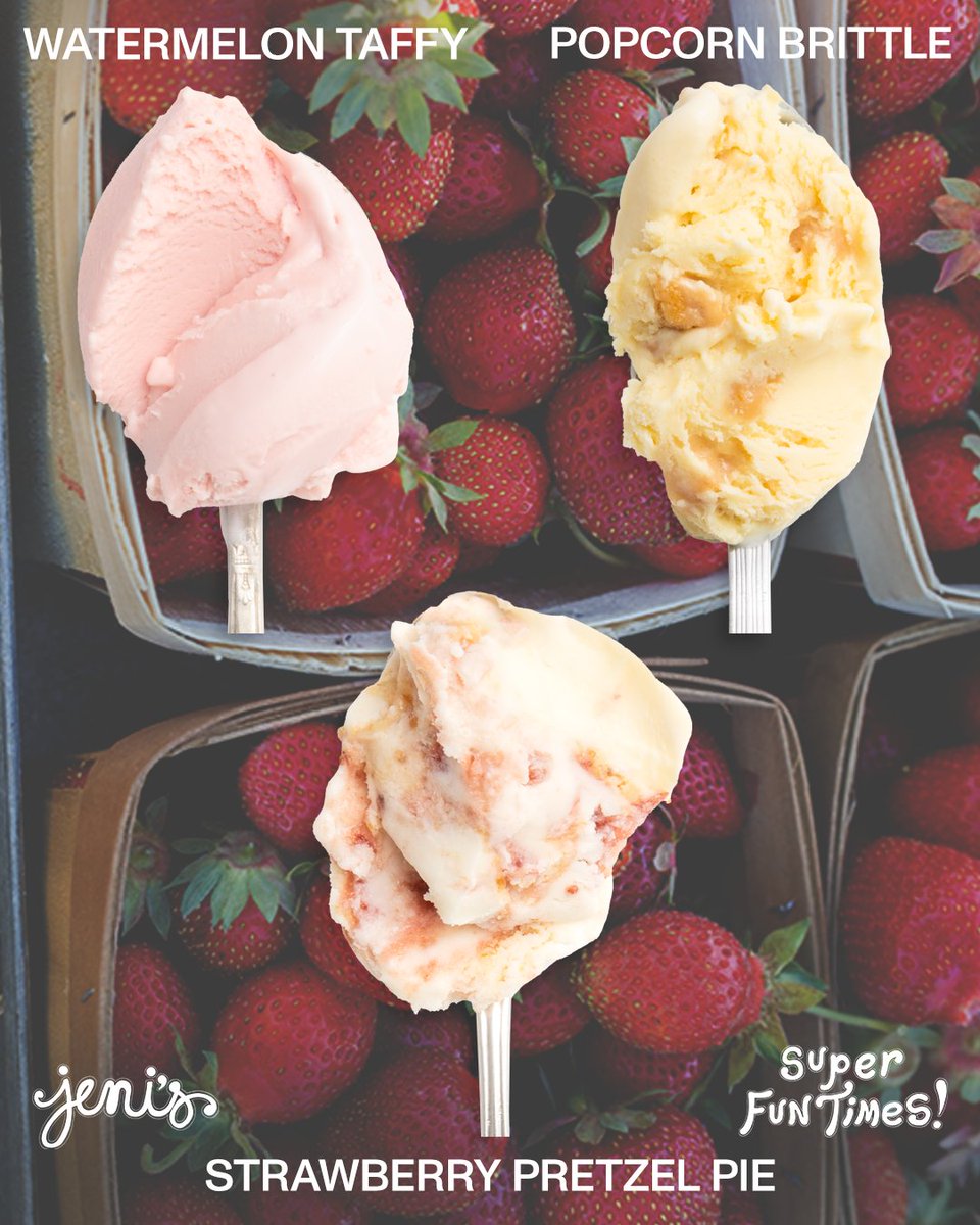 MORE! NEW!! SUMMER!!! FLAVORS!!!! 

The Super Fun Times ain’t over yet. Now available! 

WATERMELON TAFFY (gluten-free)
POPCORN BRITTLE (gluten-free) 
STRAWBERRY PRETZEL PIE

In shops, online, and on our app!! jenis.com/pages/super-fu…