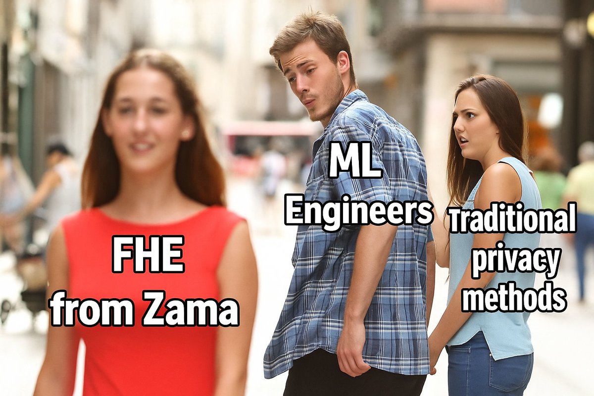 🚨ML engineers, privacy must be abolished immediately!

When you find FHE by <a href="/zama_fhe/">Zama</a> and realize that you can train AI directly on encrypted data.
📈 Privacy 2.0 is already here.
#ZamaCreatorProgram #FHE #Zama #AI #mlops