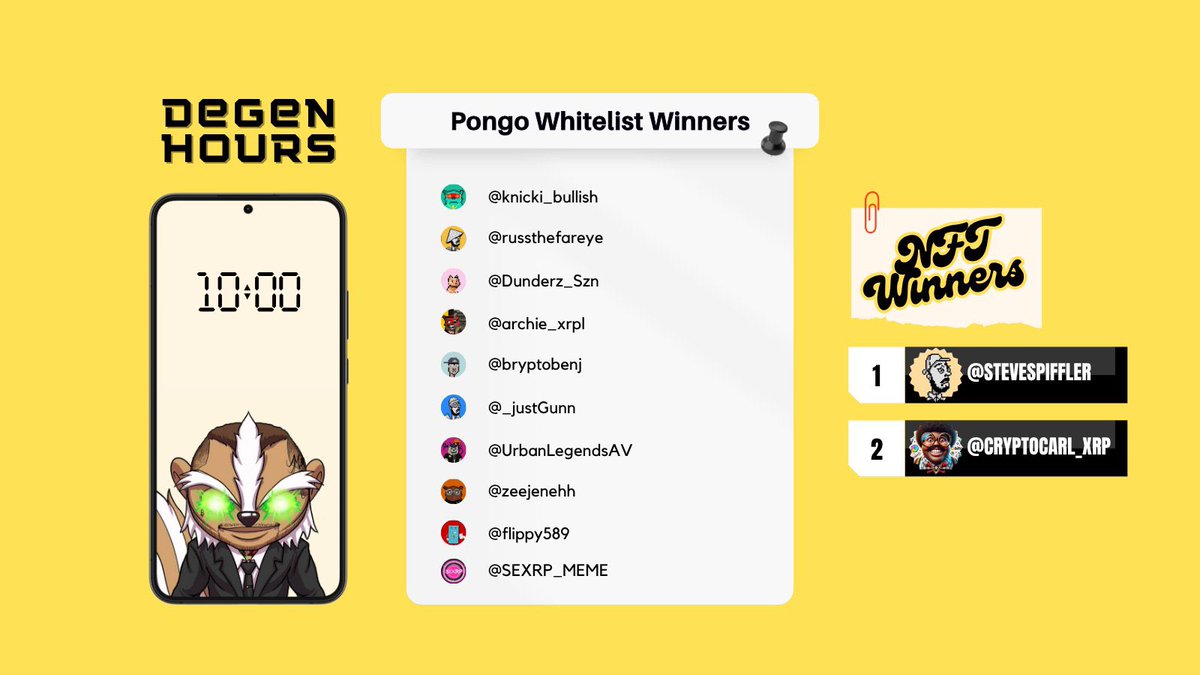 Caesar (@caesarnodes) on Twitter photo ποΈ Degen Hours Winners 
Shoutout to <a href="/pongoxrpl/">PONGO XRP</a> for coming back on the show and doing a giveaway
Minting 07.06 π ποΈ Degen Hours Winners 
Shoutout to <a href="/pongoxrpl/">PONGO XRP</a> for coming back on the show and doing a giveaway
Minting 07.06 π