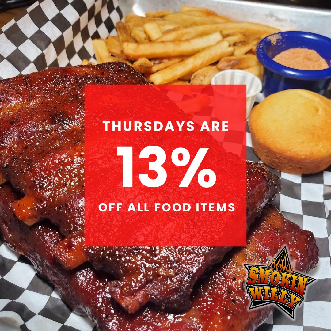 Thursdays = 13% OFF BBQ goodness! 🙌 Grab your ribs, fries, cornbread, and all your favorites at a sweet discount. Dine in or takeout only. Not valid on drinks, catering, or DoorDash. Let’s eat! 🍖🍟