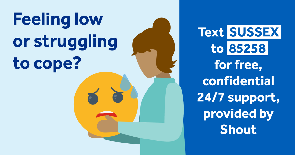 Hot weather can increase stress, disrupt sleep and make managing mental health difficult. 
Support is available:
•Visit a Staying Well out-of-hours mental health service.
•Text SUSSEX to 85258 (24/7 support service). 
•Call NHS 111 and select the mental health option.