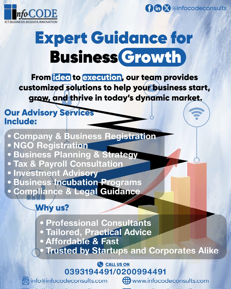 From idea to execution, we guide your business journey.

🛠️ Services
✅ Business/NGO registration
✅ Strategy &amp; planning
✅ Tax &amp; Payroll
✅ Investment &amp; Incubation
✅ Legal compliance

📞 0393194491 | 🌐 infocodeconsults.com
#BusinessGrowth #BusinessAsUsual #BusinessSupport